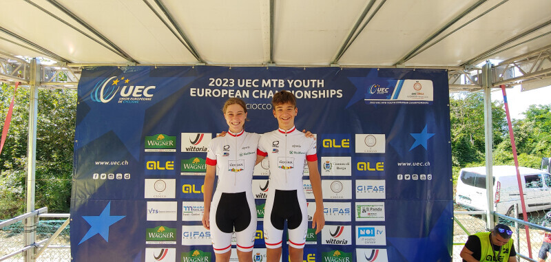 Julia Kostner und Jakob Weger; Teil der Südtiroler Landesauswahl U15 bei der MTB Jugend Europameisterschaft 2023 im ital. Barga (LU)